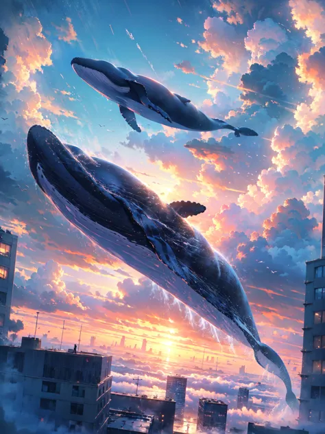 absurdres, (a whale flying between skyscrapers:1.2),only the huge tail fin is visible, amazing person々, heavy rain, storm, cloud...