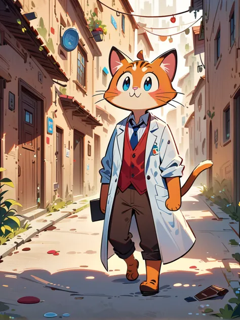 2d a male cat teacher, dressed as a lab coat teacher, 2d cartoon style, ,full body, solo, whimsical, adorable, masterpiece, 8k, ...