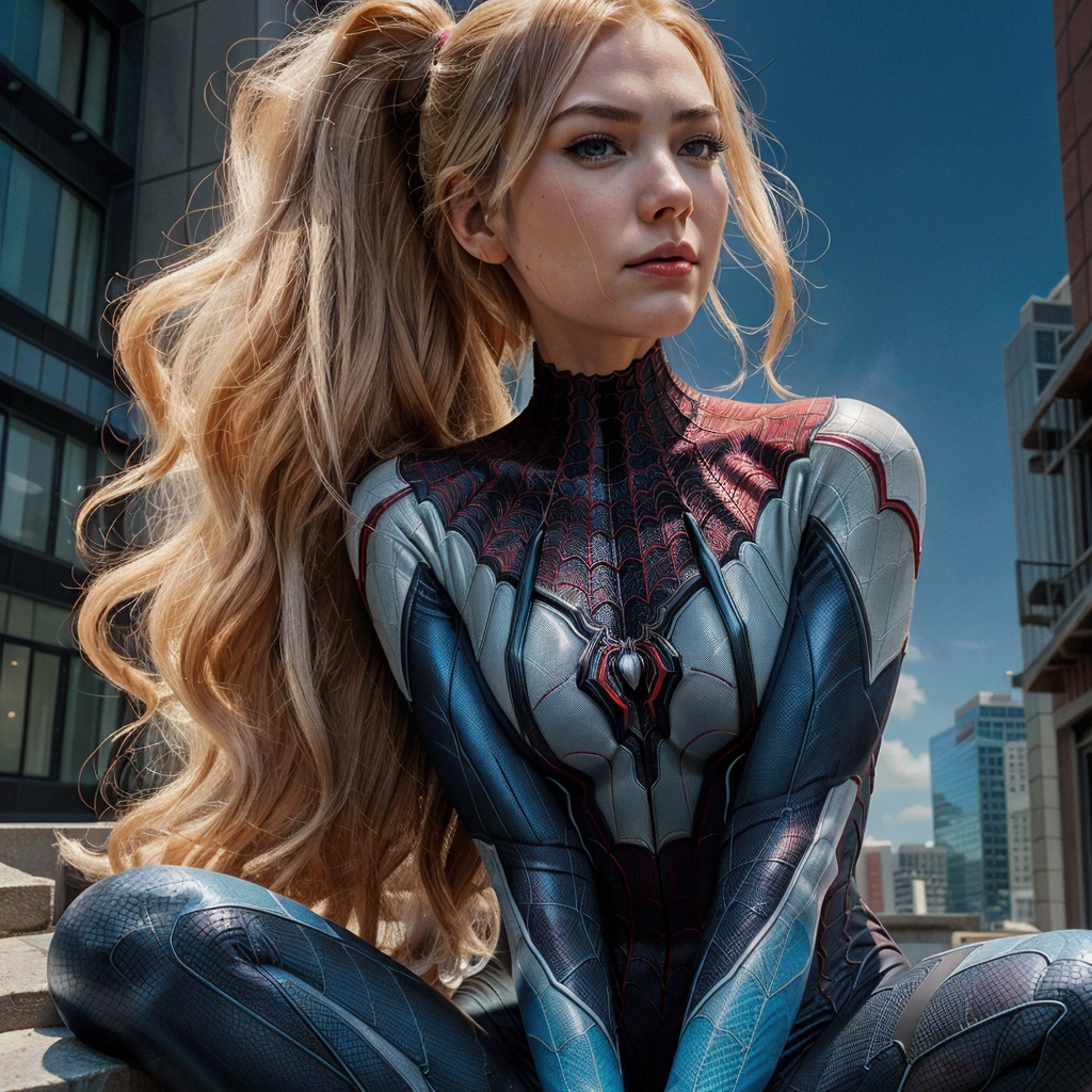 a close up of a woman in a spider - suit sitting on a ledge, gwen stacy, j. scott campbell, j scott campbell, betty cooper, by Ryan Stegman, inspired by Ryan Stegman, spider-gwen, spider - gwen, by Brian Thomas, ( ( spiderwoman ) ), textless, black canary, spider woman, inspired by Mary Jane Begin