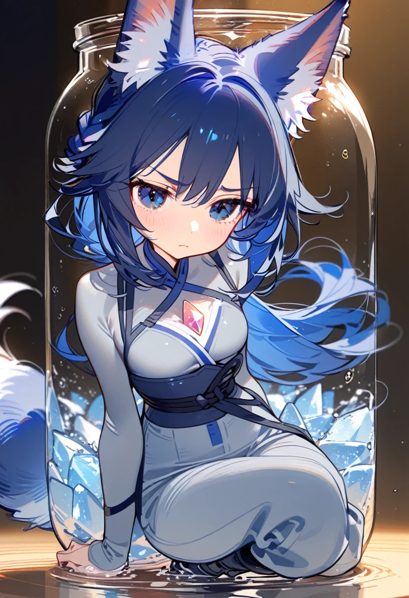 1girl, solo, bangs, hair braided in a low long ponytail, long blue fox ears, grey blue bodysuit, gray big pants, high boots, big fox fire blue tail, dark blue hair, dark blue eyes, sad look, straps on the chest, straps on the waist, short gray-green skirt. Sits in a jar of water. Water. Crystals 