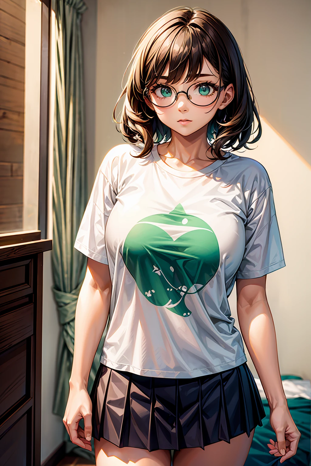 Ultra Quality, young woman, bedroom, medium shot, athletic body, lean muscles, t-shirt, student skirt, glasses, big green eyes, wavy hair, short hair, brown hair, wild hair