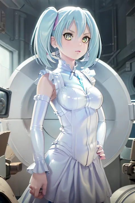 perfect anatomy　highest quality,highest resolution,(((white latex dress　light blue hair)))　yellow eyes　advance wars tabitha