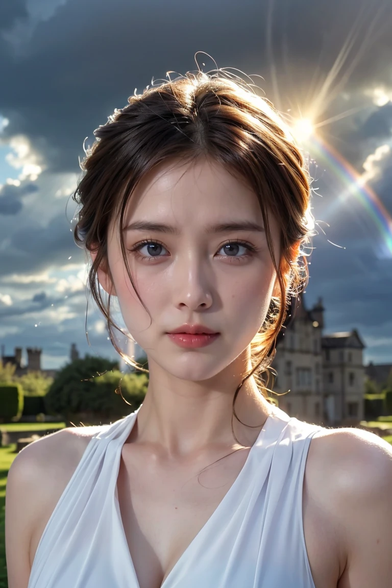 
((Masterpiece:1.4, Highest quality)), (Realistic photos:1.4), 
((1 person)), (Otherworldly beauty), (dream-like),
(超High resolution:1.2), Very delicate and beautiful, wonderful, Very detailedな CG Unity 8K 壁紙, Very detailed, High resolution, 
Soft Light, Beautiful details, Very detailed目と顔, Beautiful and detailed nose, Beautiful and detailed, 
(In the form of an ancient Greek maiden:1.3),  
Cinema Lighting, Perfect Anatomy, Slender body,,
(In a Scottish castle garden:1.3), (after the storm、The sun is shining through the dark clouds:1.3), (rainbow:1.3), (Outdoor), 
Cowboy Shot, Looking at the audience, Old-fashioned smile