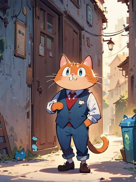 2d a tall adult male cat teacher, middle aged, 50 years old, dressed as a teacher in a vest, 2d cartoon style, full body, solo, ...