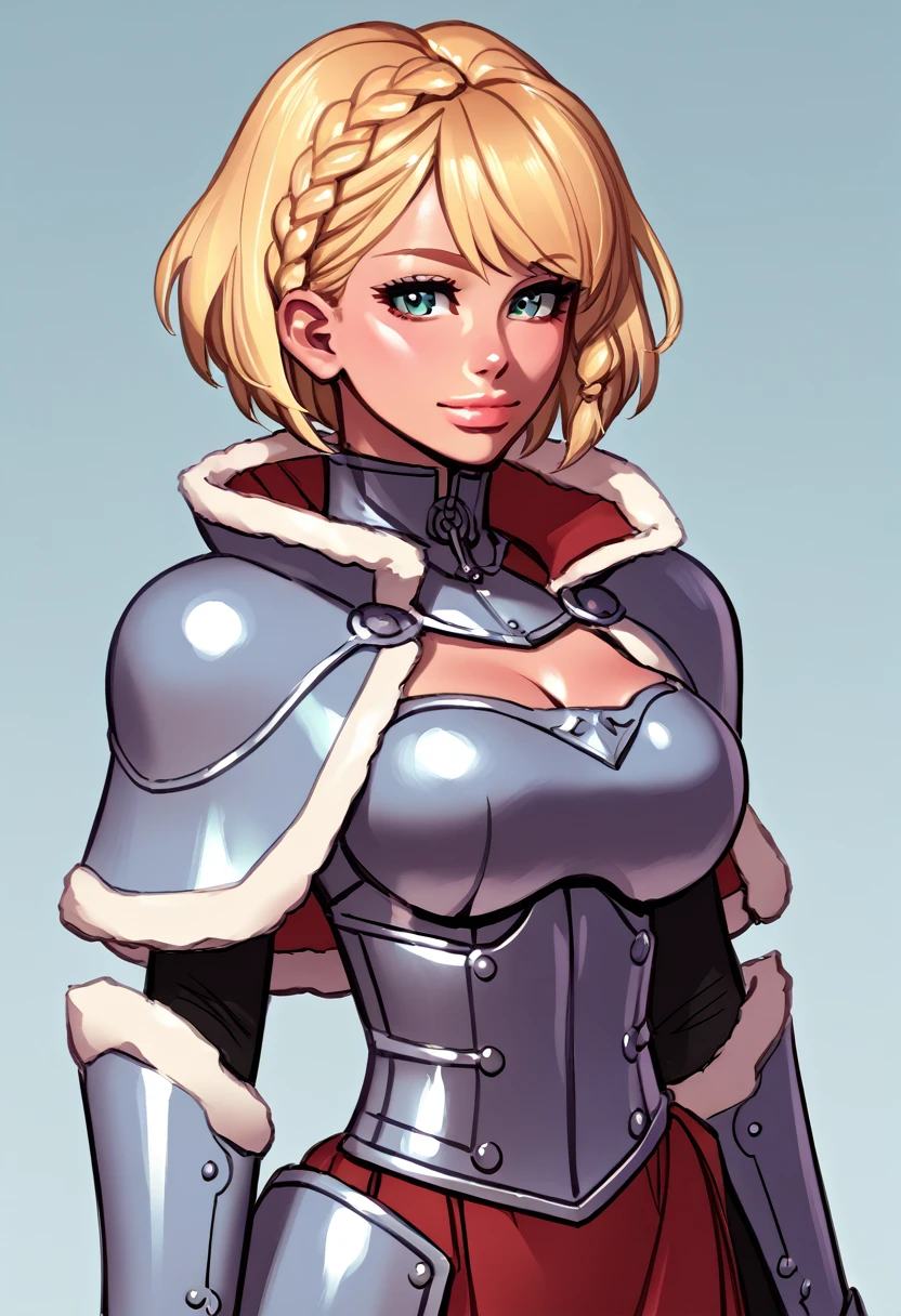 score_5_up, score_6_up, score_7_up, source_anime,
 1girl, solo, hand_on_own_chest, wearing oversized armor, shoulder armor, high_collar, short hair, braid,capelet, gauntlets