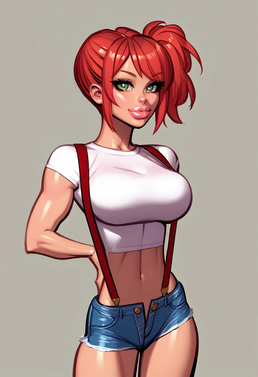 score_5_up, score_6_up, score_7_up, source_anime, 1girl, solo, hand on hip, standing, wearing (short denim shorts, crop top, suspenders), red hair, short hair, green eyes, side ponytail, midriff, narrow waist, simple background
