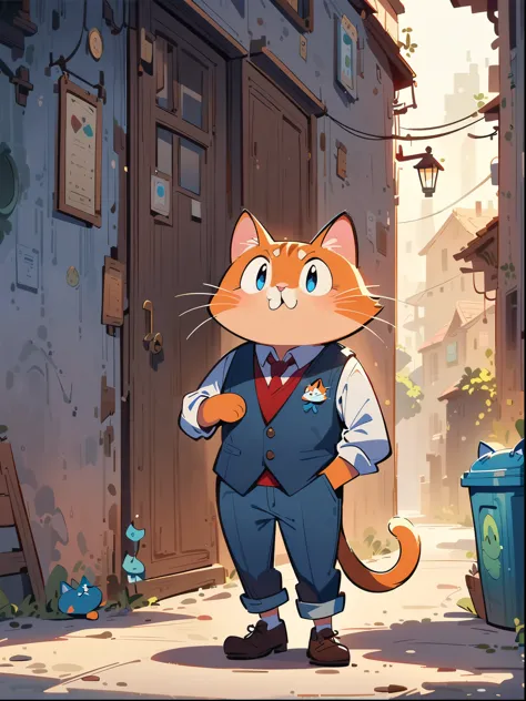 2d a tall adult male cat teacher, middle aged, 50 years old, dressed as a teacher in a vest, 2d cartoon style, full body, solo, ...