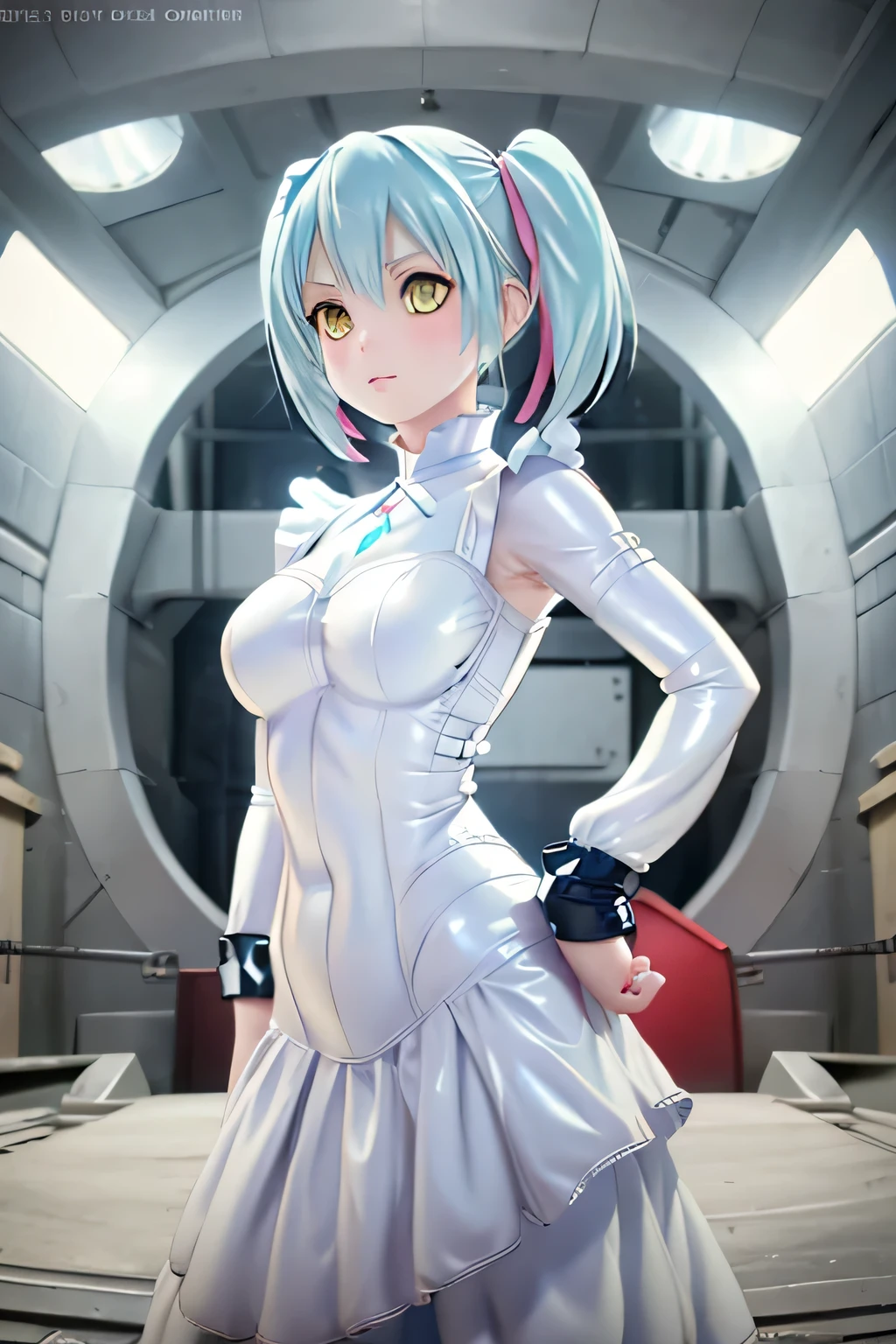 Perfect Anatomy　Highest quality,Highest Resolution,(((White latex dress　Light blue hair)))　[blurry]　8k　Yellow Eyes　Advance Wars Tabitha