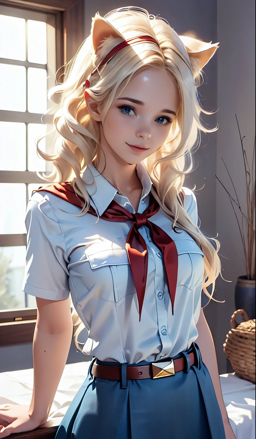 high quality picture, UHD, perfect light, detailed picture, masterpiece, very young slim fit girl, full height, rounded face, (long curly disheveled blond hair:1.4), big blue eyes, shy smile, perfect medium breast, band on head with fake cat ears, monroe, pioneer neckerchief, short tight blue pleated skirt, bangs, tight white shirt, short sleeves, collared shirt, belt, red neckerchief, breast pocket