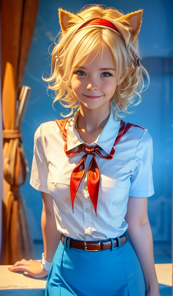 high quality picture, UHD, perfect light, detailed picture, masterpiece, very young slim fit girl, full height, rounded face, (long curly disheveled blond hair:1.4), big blue eyes, shy smile, perfect medium breast, band on head with fake cat ears, monroe, pioneer neckerchief, short tight blue pleated skirt, bangs, tight white shirt, short sleeves, collared shirt, belt, red neckerchief, breast pocket