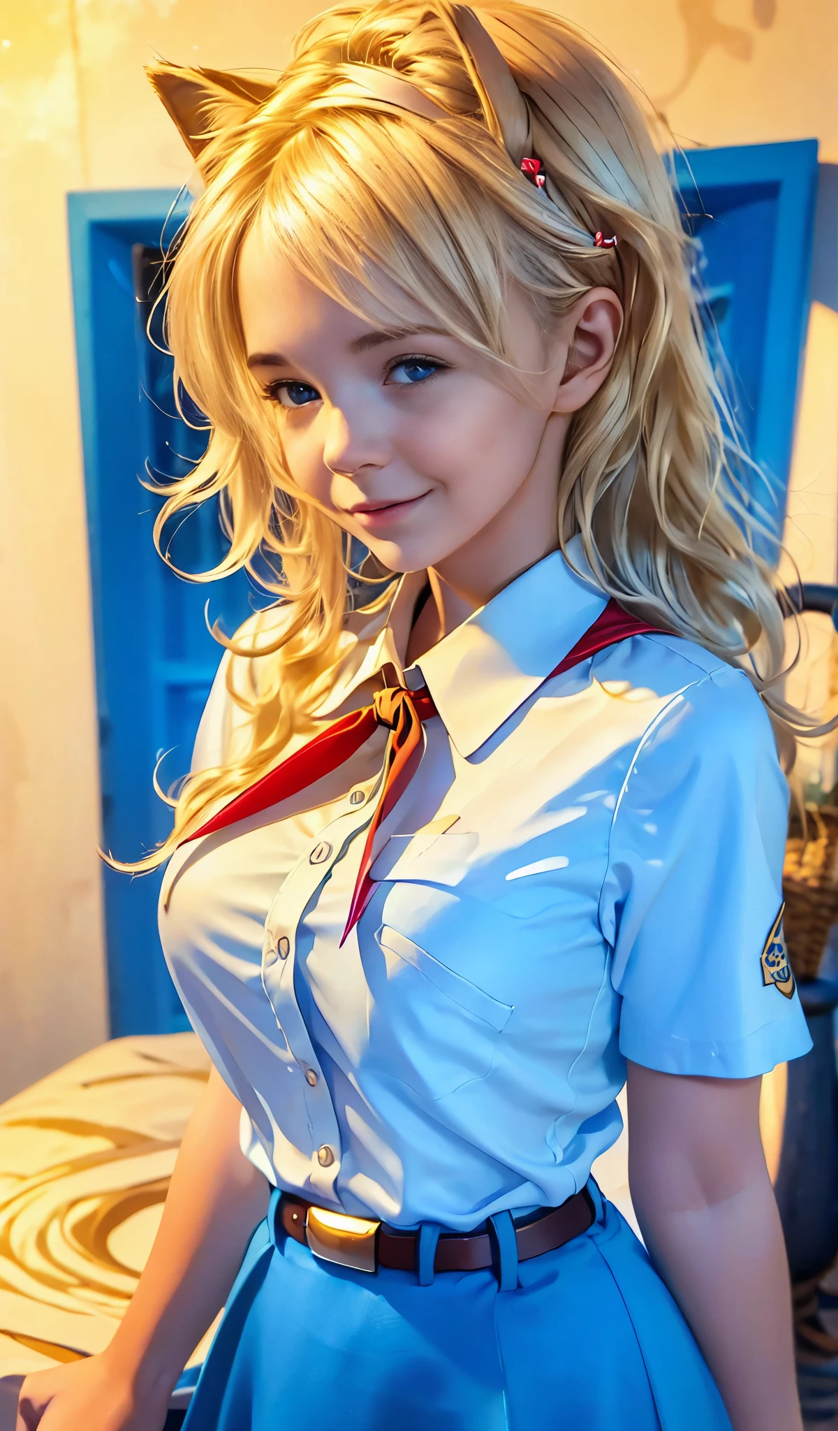 high quality picture, UHD, perfect light, detailed picture, masterpiece, very young slim fit girl, full height, rounded face, (long curly disheveled blond hair:1.4), big blue eyes, shy smile, perfect medium breast, band on head with fake cat ears, monroe, pioneer neckerchief, short tight blue pleated skirt, bangs, tight white shirt, short sleeves, collared shirt, belt, red neckerchief, breast pocket