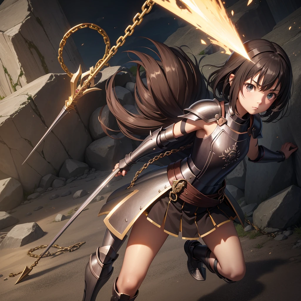 最high quality、high quality、Simple Cloth Armor、１０Year-old girl adventurer、Equipped with a weapon that has a short chain at the end of a stick and a spiked iron ball at the end of the chain、In a dark maze、Bronze armor