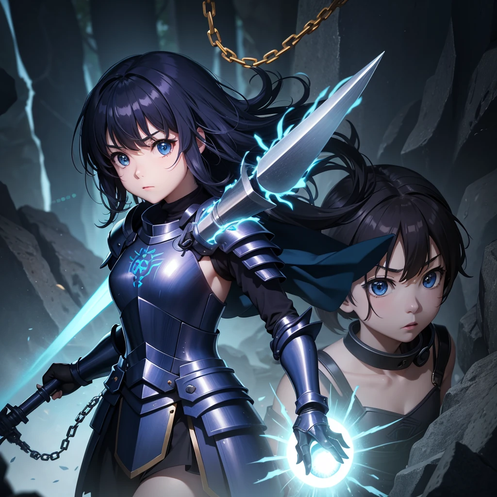 最high quality、high quality、Simple Cloth Armor、１０Year-old girl adventurer、Equipped with a weapon that has a short chain at the end of a stick and a spiked iron ball at the end of the chain、In a dark maze、Blue-colored armor