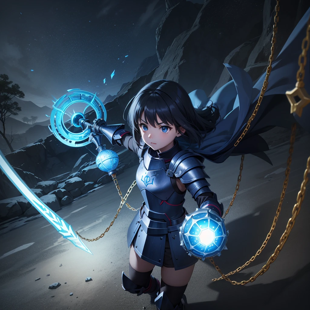 最high quality、high quality、Simple Cloth Armor、１０Year-old girl adventurer、Equipped with a weapon that has a short chain at the end of a stick and a spiked iron ball at the end of the chain、In a dark maze、Blue-colored armor