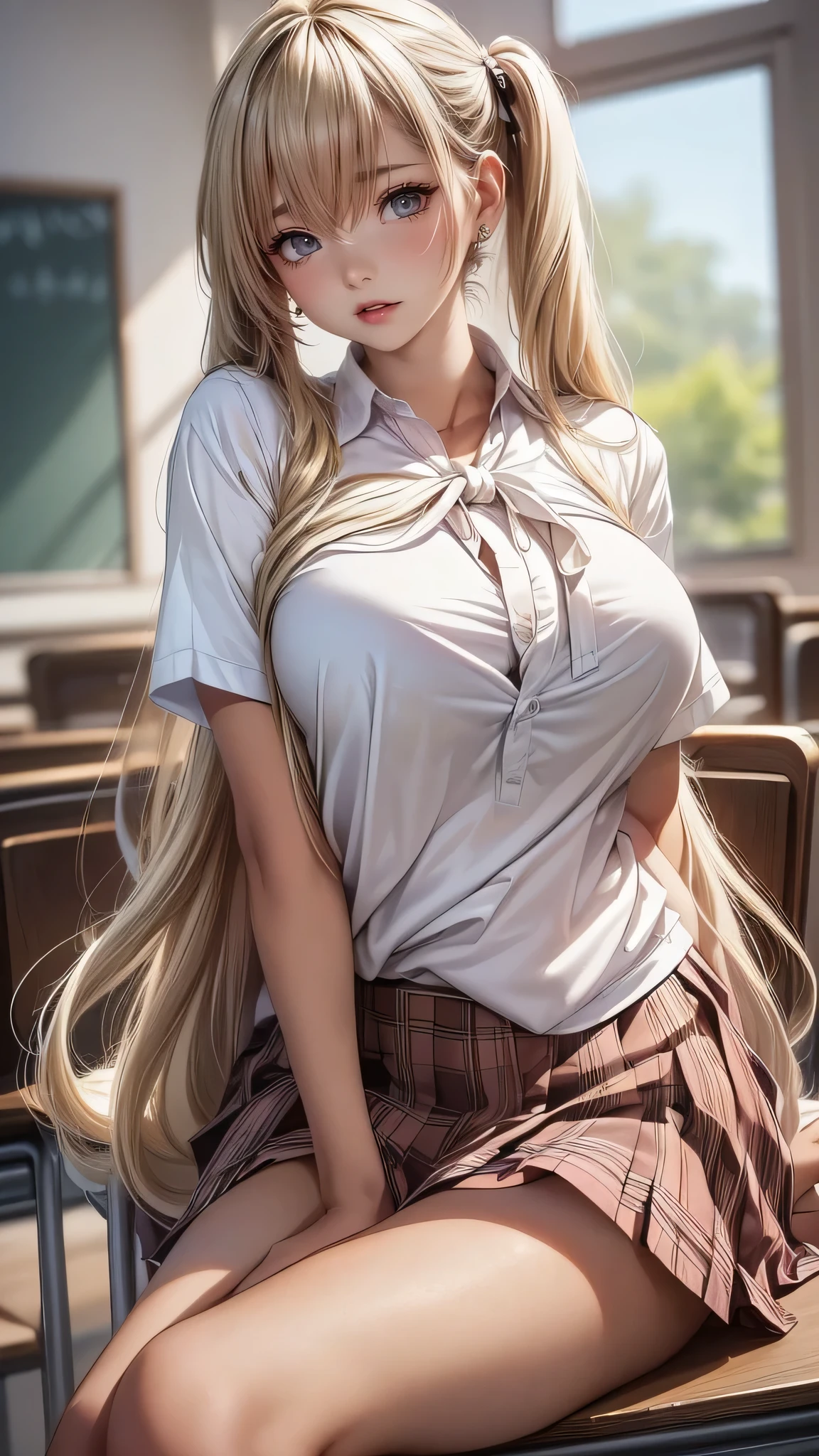 (masterpiece:1.3, highest quality),  (realistic, photorealistic:1.4), beautiful illustrations, perfect lighting, colorful, Depth of the bounds written, 
looking at the viewer, full body, Front view:0.6, 1 girl, alone, Japanese, high school girl, Improve, (big breasts:0.8, big ass, seductive thighs, skin dents),
(long hair:1.5, side ponytail),  asymmetrical bangs, purple eyes, parted lips, (very tanned and shiny skin), 
beautiful hair, beautiful face, highly detailed face, detailed and beautiful eyes, beautiful clavicle, beautiful body, beautiful breasts, beautiful thighs, beautiful feet, beautiful fingers, ((collared short sleeve shirt, white shirt, school uniform, pink plaid pleated skirt, black tie)), white panties, polka dot hair scrunchie, 
( sexy pose), (enchanting smile), evening,Sit in the classroom,gal,(brown skin:1.5),(blonde:1.5),(view from below),