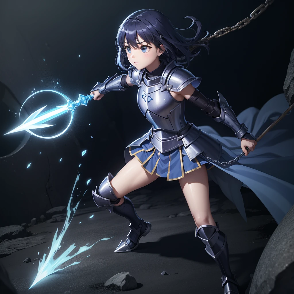 最high quality、high quality、Simple Cloth Armor、１０Year-old girl adventurer、Equipped with a weapon that has a short chain at the end of a stick and a spiked iron ball at the end of the chain、In a dark maze、Blue-colored armor