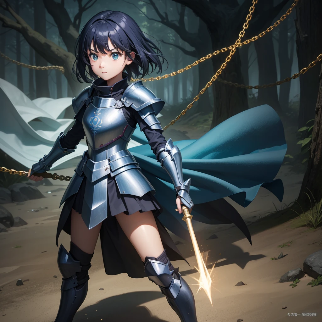 最high quality、high quality、Simple Cloth Armor、１０Year-old girl adventurer、Equipped with a weapon that has a short chain at the end of a stick and a spiked iron ball at the end of the chain、In a dark maze、Green and blue armor