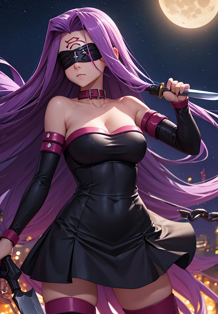 score_9, score_8_up, score_7_up, source_anime, medusarider, medusa rider, long hair, very long hair, purple hair, facial mark, forehead mark, thighhighs, dress, cleavage, bare shoulders, detached sleeves, black dress, collar, strapless, strapless dress, blindfold, outdoors, night, night sky, moon, clouds, looking at viewer, cowboy shot, dutch angle, fighting stance, weapon, chain, knife,