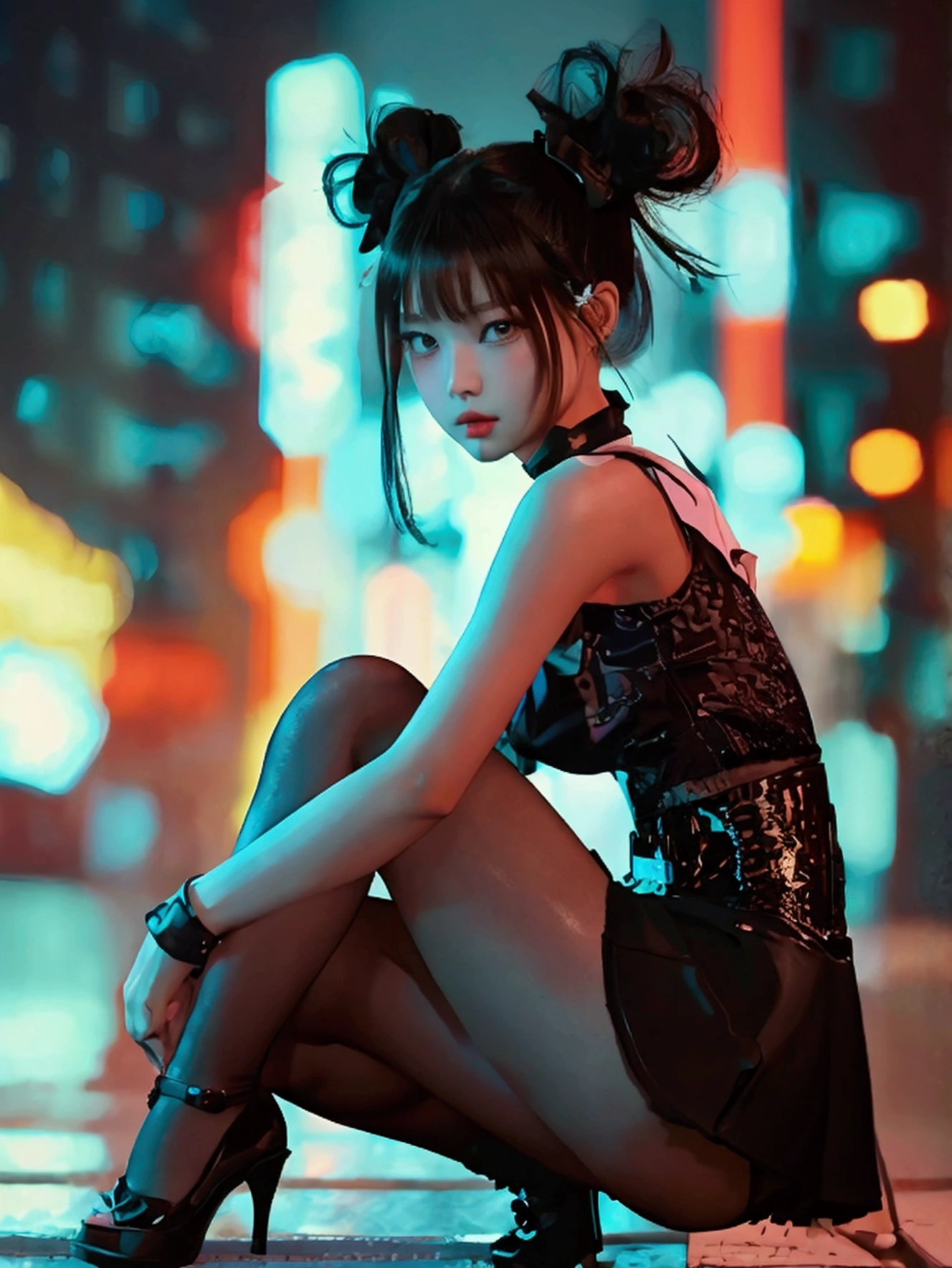 jennie kim, max quality, jirai kei attire, detailed face, cute pigtails hairstyle, black hair, energic pose, realista, beautiful legs, wide pelvis, cybercity in background, skirt, high heels