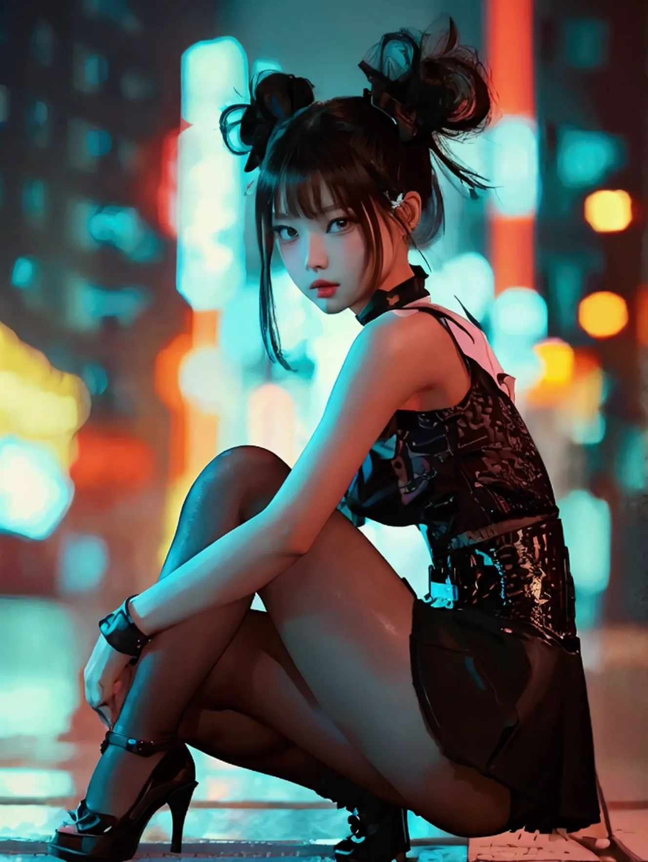 jennie kim, max quality, jirai kei attire, detailed face, cute pigtails hairstyle, black hair, energic pose, realista, beautiful...