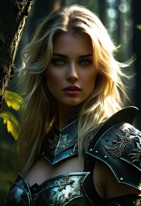 beautiful slender young blonde woman in tattered fantasy armor with exposed chest, dark forest, uhd, bloom, black atmosphere and...