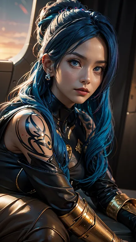 a captivating portrait of a young woman with electric blue hair and intricate tattoos adorned across her arms, gazing intently u...