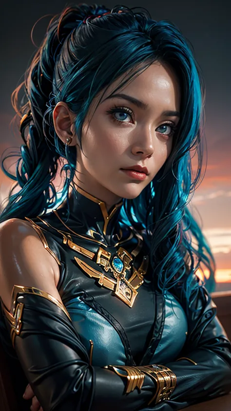 a captivating portrait of a young woman with electric blue hair and intricate tattoos adorned across her arms, gazing intently u...