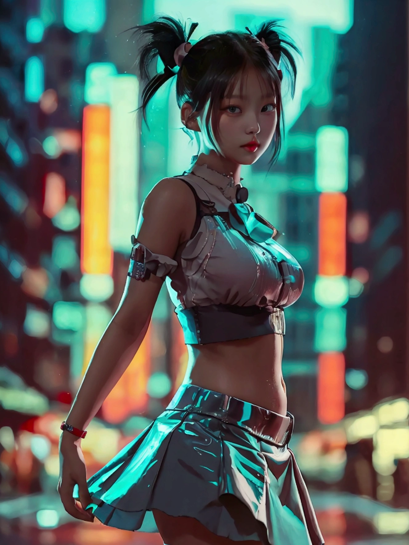 jennie kim, young-adult body, max quality, jirai kei attire, detailed face, cute pigtails hairstyle, black hair, confident pose, realista, chubby thigs, wide hips, cybercity in background, skirt, high heels