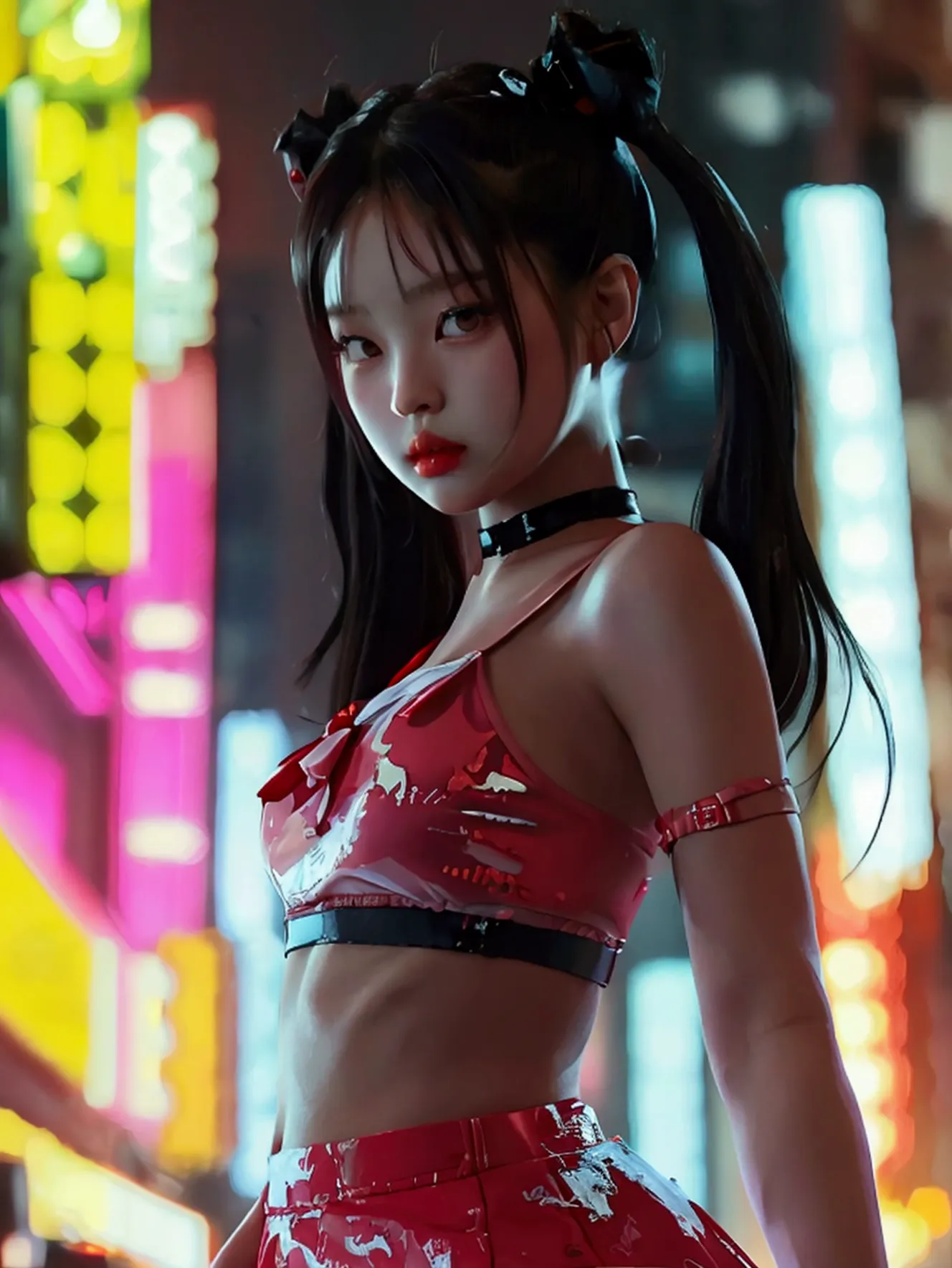 jennie kim, young-adult body, max quality, jirai kei attire, detailed face, cute pigtails hairstyle, black hair, confident pose,...