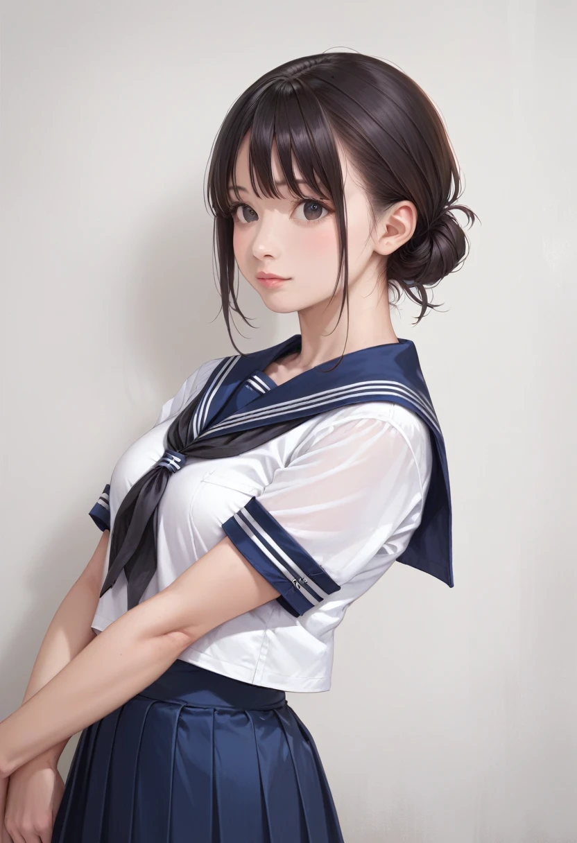 (score_8, score_8_up,source_anime,masterpiece,highest quality,Perfect Anatomy,Exquisite detailed:1.1)(raw photo,photo realistic:1.2)1 girl,Japanese,hashimotokanna,medium breasts,black eyes,black hair,low bun,sailor suit,dark blue sailor collar,white shirts,short sleeve,dark blue skirt