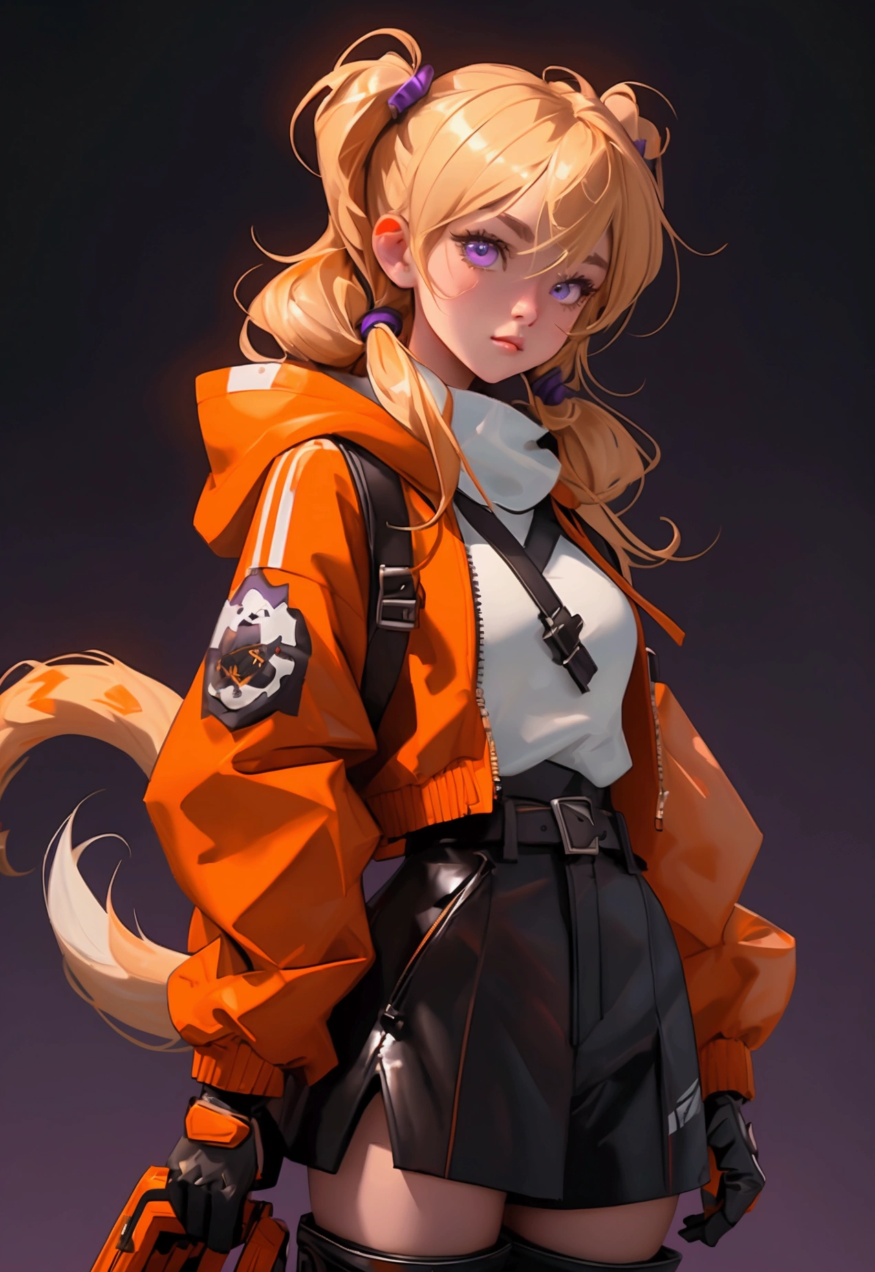 envision a 8k, highres, cinematic, close up beautiful portrait of a short girl named Gigi Murin with dark brown and blonde multicolored hair in twin tails, a tail, purple eyes, wearing an animal hood, hood up, orange jacket, cropped jacket, white shirt, mechanical gauntlets, orange belt, black shorts, single thighhigh, striped thighhigh against a dark background