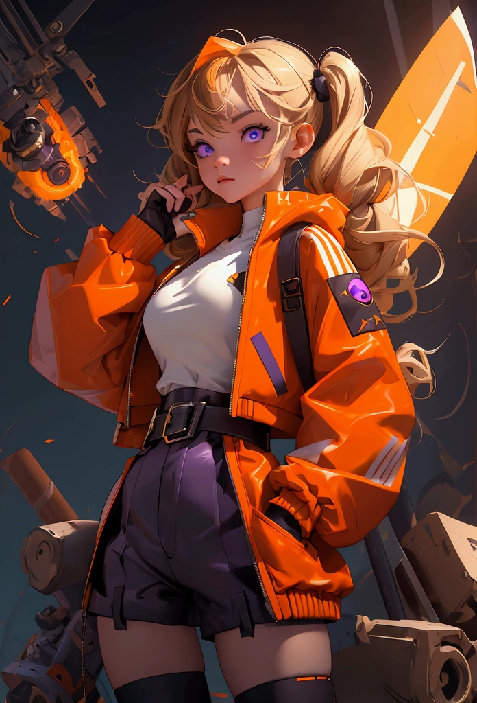 envision a 8k, highres, cinematic, close up beautiful portrait of a short girl named Gigi Murin with dark brown and blonde multicolored hair in twin tails, a tail, purple eyes, wearing an orange jacket, cropped jacket, white shirt, mechanical gauntlets, orange belt, black shorts, single thighhigh, striped thighhigh against a dark background