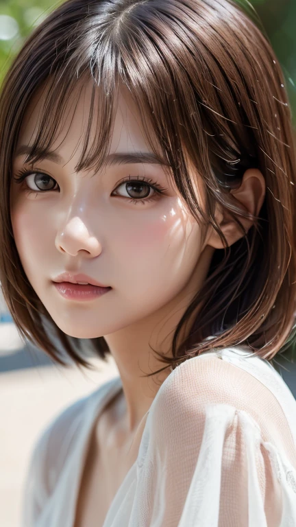 Highest quality、8k傑作、Ultra-high resolution、(Photorealistic:1.3)、RAW Photos、1 person、Brown hair short bob、Glowing Skin、1 personの超美人女子大生、((Ultra-Realistic Details))、Portrait、Global Illumination、Shadow、Octane Rendering、8k、Super sharp、Very intricate details、Realistic Light、CGSoation Trend、Beautiful Eyes、Shining Eyes、To the camera、White shirt、sheer