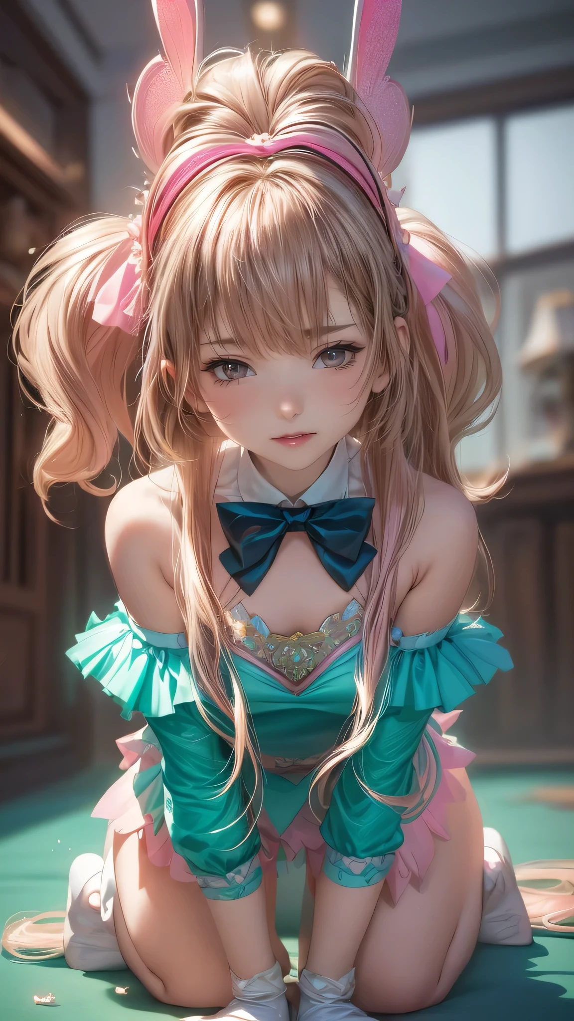 masterpiece, best quality, extremely detailed CG unity 8k wallpaper, (Upper Body head close-up shot of a beautiful little girl), Wendy, Elegant Long straight blonde hair, (Mckenna Grace), ((flat chest,thighs)), ((pink-Cyan)) golden ((Glittering tutu,long Bunny Ear Headgear, glove, Bow-tie, zettai ryouiki)), ((Kneel,all fours,from below)), (Blush), oil skin, (seductive smile), (Wonderland), pretty face, key art, award winning, intricate detail realism hdr, by (ruan jia and artgerm and range murata), Photorealism, Hyperrealism, ultra realistic, dramatic light, intense shadows, gorgeous view, depth of field