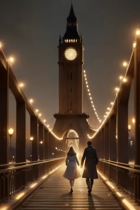 people walking on a bridge in a city at night with a large clock tower in the background, classic scenario, arstation and beeple...