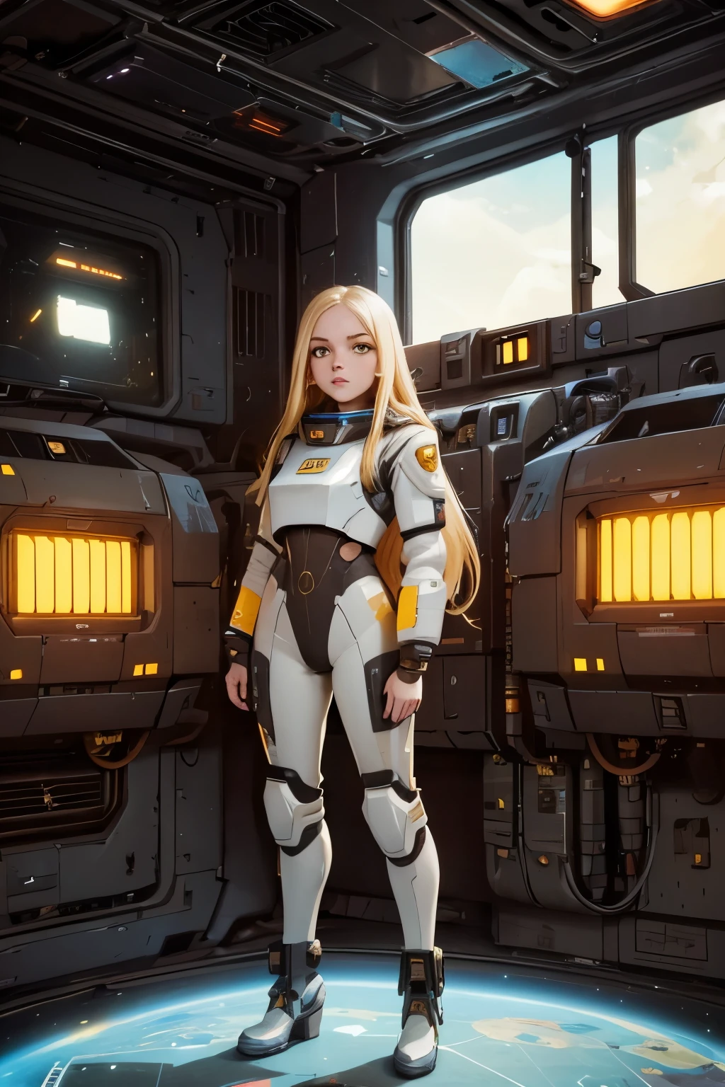 (young girl, , blond hair, photorealistic, pale skin), (yellow (eyes:1.2)), (slim build:1.3), (fantasy space suit), beautiful face, symmetrical face, Greg Rutkowski, wlop and Sam Kuvshinov, (long hair), blond eyelashes, large iris, large pupil, full body, standing on the background of the cosmodrome, artstation, 8k, science fiction, pastel colors, props, panel, concept, futuristic, gribble, simon stalenhag, space, in outer space, a spaceship in the sky, technological blocks, futuristic world:1.5, rusty metal futuristic world, (simple oil painting in a style to Bill Sienkiewicz)