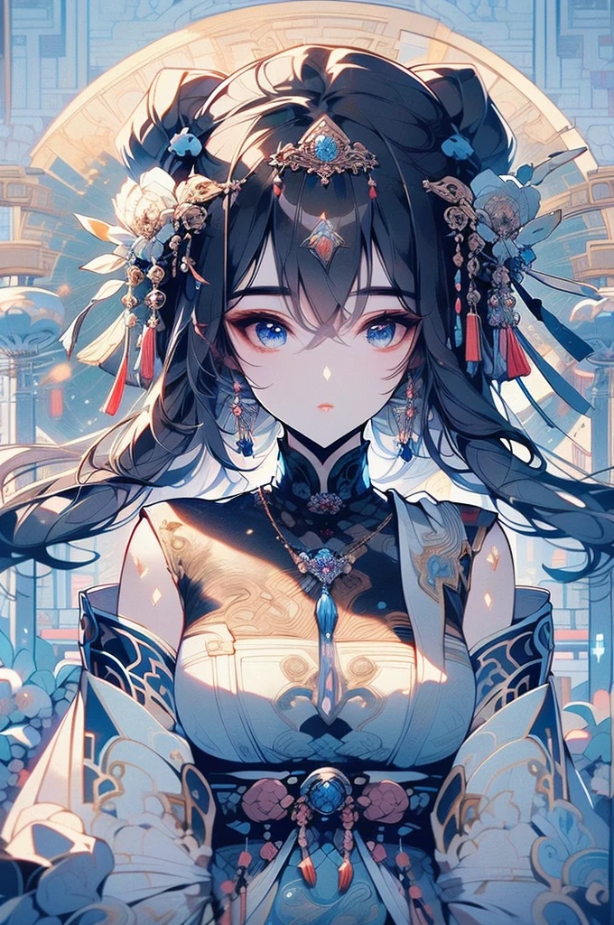 1 girl close up on face, beautiful and aesthetic, gorgeous, masterpiece, Best Quality, fantastic atmosphere, Soothing palette, Quiet, Soft shading, priestess with many chains around her body