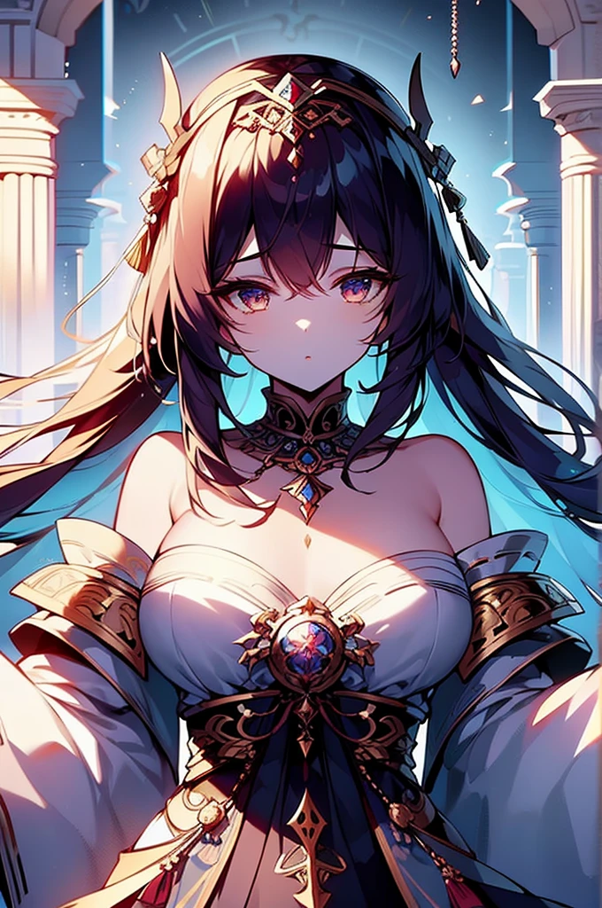 1 girl close up on face, beautiful and aesthetic, gorgeous, masterpiece, Best Quality, fantastic atmosphere, Soothing palette, Quiet, Soft shading, priestess with many chains around her body