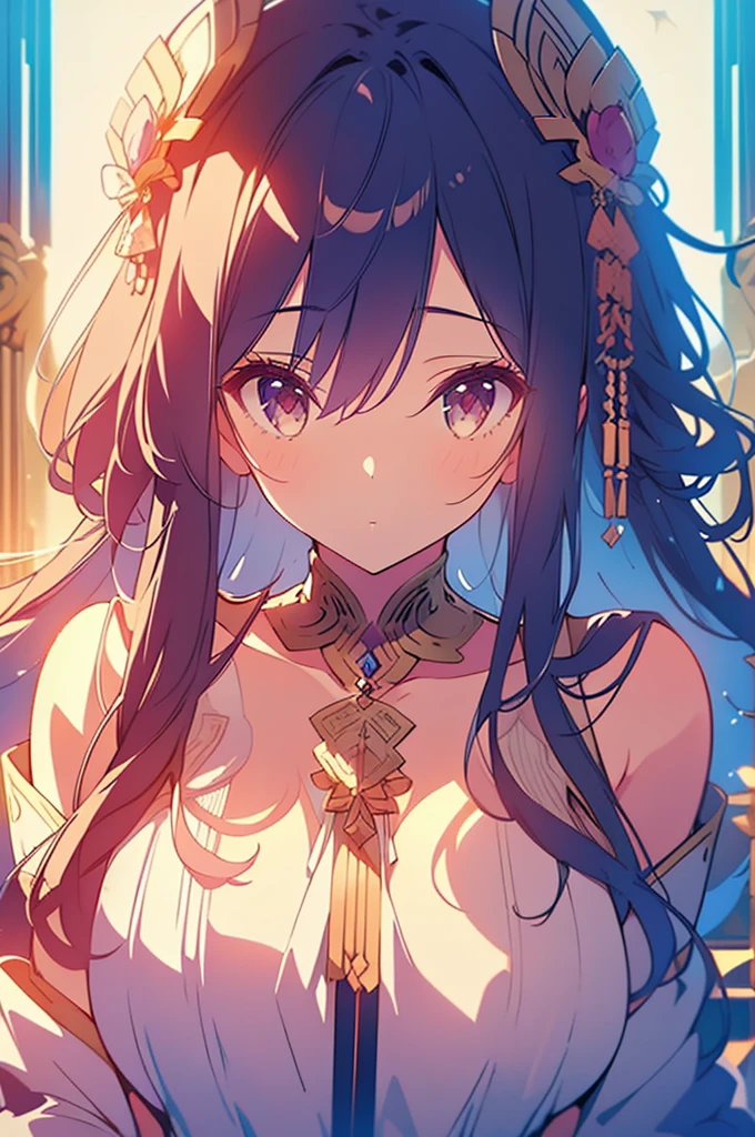 1 girl close up on face, beautiful and aesthetic, gorgeous, masterpiece, Best Quality, fantastic atmosphere, Soothing palette, Quiet, Soft shading, priestess with many chains around her body