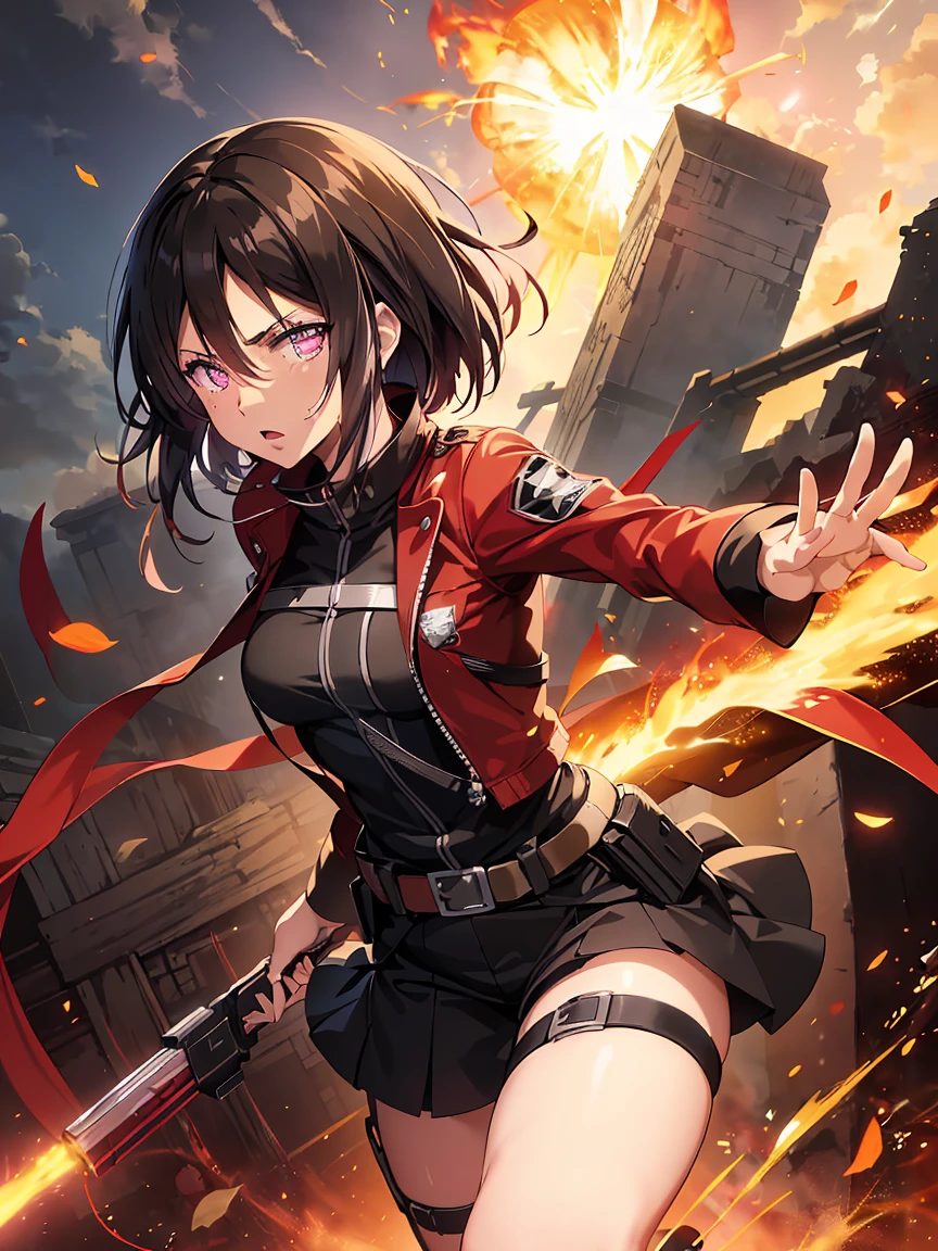 "A character who is the fusion of **mikasa ackerman** de Attack on Titan e **Hibana** de Fire Force. She has Mikasa&#39;s short, practical haircut with Hibana&#39;s pink glow.. Her uniform is a combination of Mikasa&#39;s military style and Hibana&#39;s flamboyant and flamboyant style., with pink fire details."