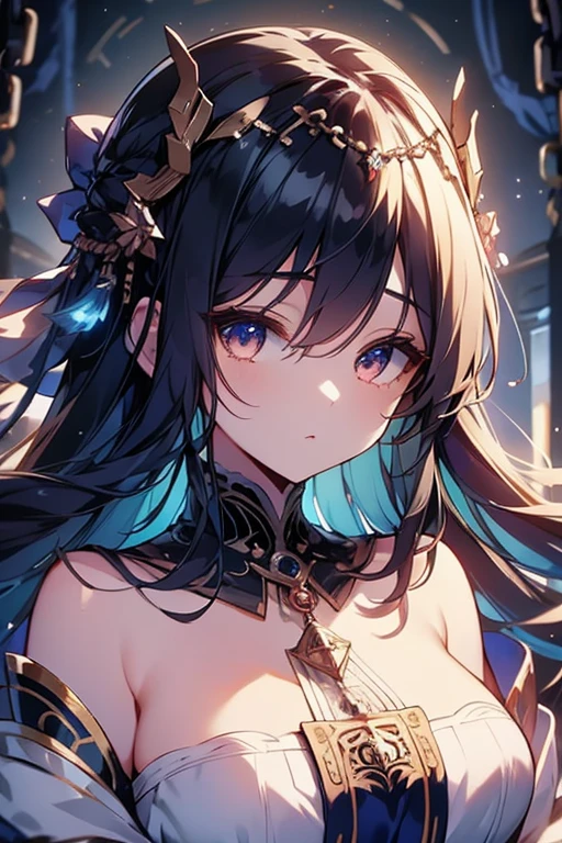 1 girl close up on face, beautiful and aesthetic, gorgeous, masterpiece, Best Quality, fantastic atmosphere, Soothing palette, Quiet, Soft shading, priestess with many chains around her body