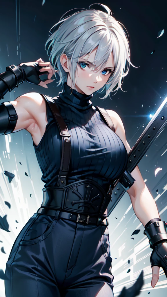 (masterpiece, best quality:1.2), expressive eyes, perfect face, highres, 1 girl, solo, (female:1.5), strife, short hair, shoulder armor, sleeveless turtleneck, suspenders, belt, gloves, bracer, standing, portrait, looking at viewer, White hair, Blue glowing eyes, holding a giant katana,