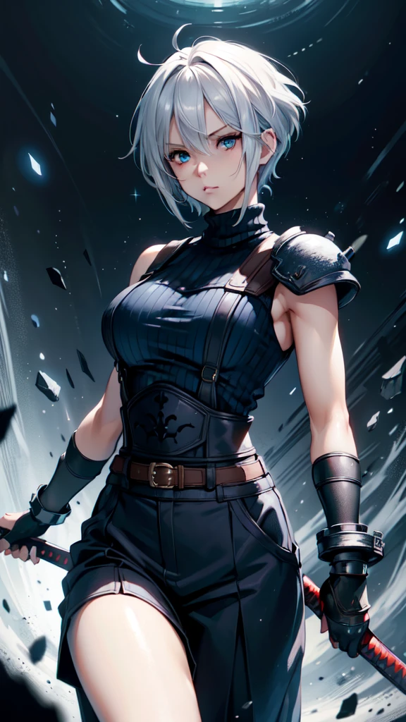 (masterpiece, best quality:1.2), expressive eyes, perfect face, highres, 1 girl, solo, (female:1.5), strife, short hair, shoulder armor, sleeveless turtleneck, suspenders, belt, gloves, bracer, standing, portrait, looking at viewer, White hair, Blue glowing eyes, holding a giant katana,