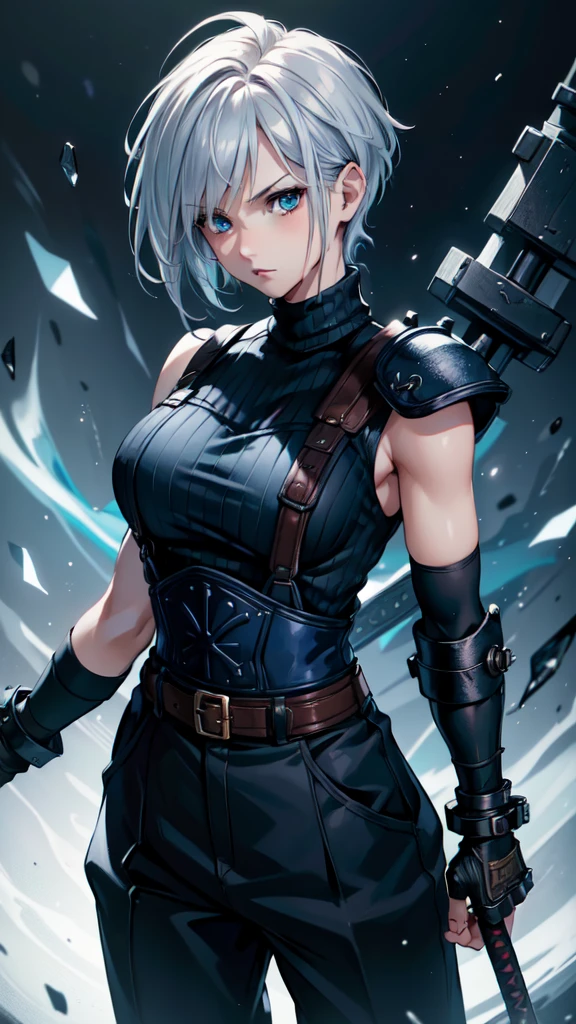 (masterpiece, best quality:1.2), expressive eyes, perfect face, highres, 1 girl, solo, (female:1.5), strife, short hair, shoulder armor, sleeveless turtleneck, suspenders, belt, gloves, bracer, standing, portrait, looking at viewer, White hair, Blue glowing eyes, holding a giant katana,