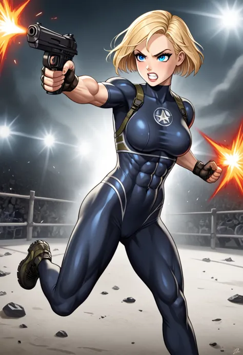 woman in tight tactical superheroe suit black and pink. big boobs. atlhetic muscular action heroine. fighting the crime. slim yo...