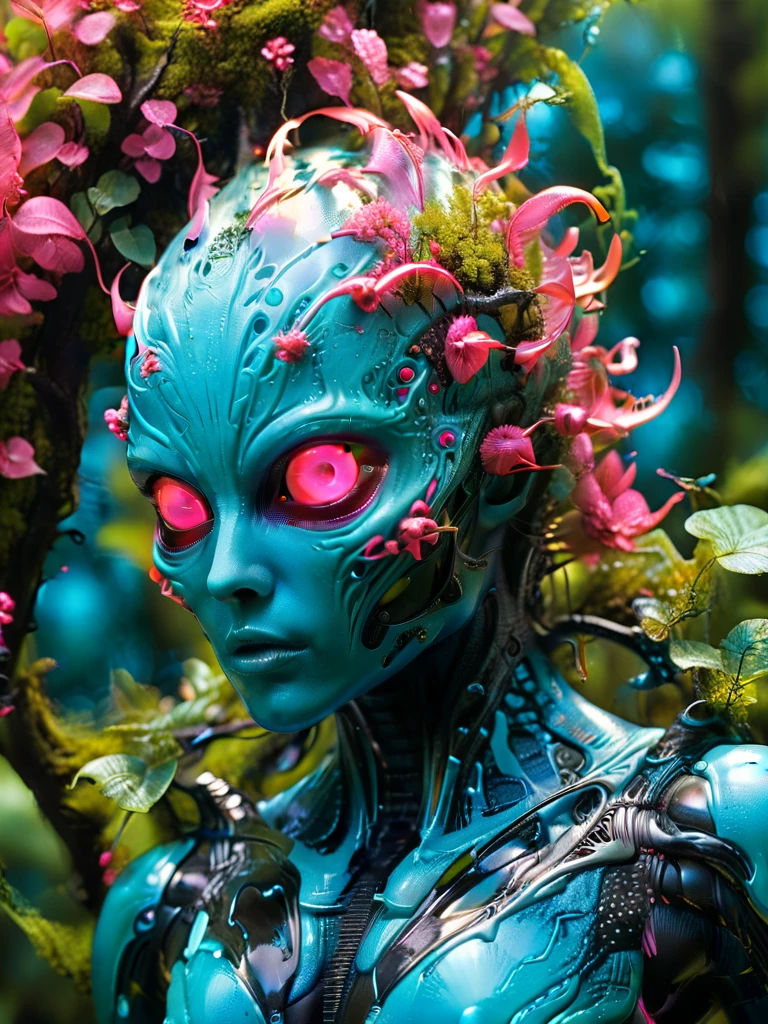 Alien flora, breeding high in the trees, on an alien Planet,Futuristic, foam, tactical, sleek, highly detailed forest, sunny day in forest, Miki Asai Macro photography, close-up, hyper detailed, trending on artstation, sharp focus, studio photo, highly detailed, macro photo, by greg rutkowski, intricate details, Hot Pink Eyes,with Electric Blue highlights,realistic, 8k, sharp details, masterpiece, artstation, Panoramic, iridescence, hdr, sun light, reflective metallic body suit, Ultra HDR,Realistic, Cinematic Portrait, Cinematic photography, Masterpiece 