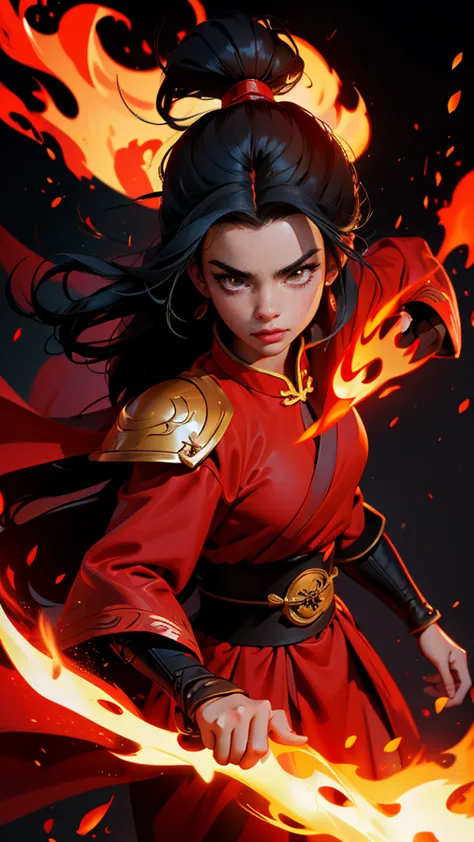 envision a 8k, highres, cinematic, full body design sheet portrait of a fierce girl named azula with long black hair in a chines...