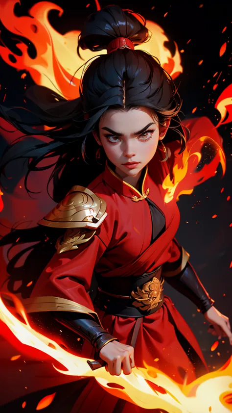 envision a 8k, highres, cinematic, full body design sheet portrait of a fierce girl named azula with long black hair in a chines...