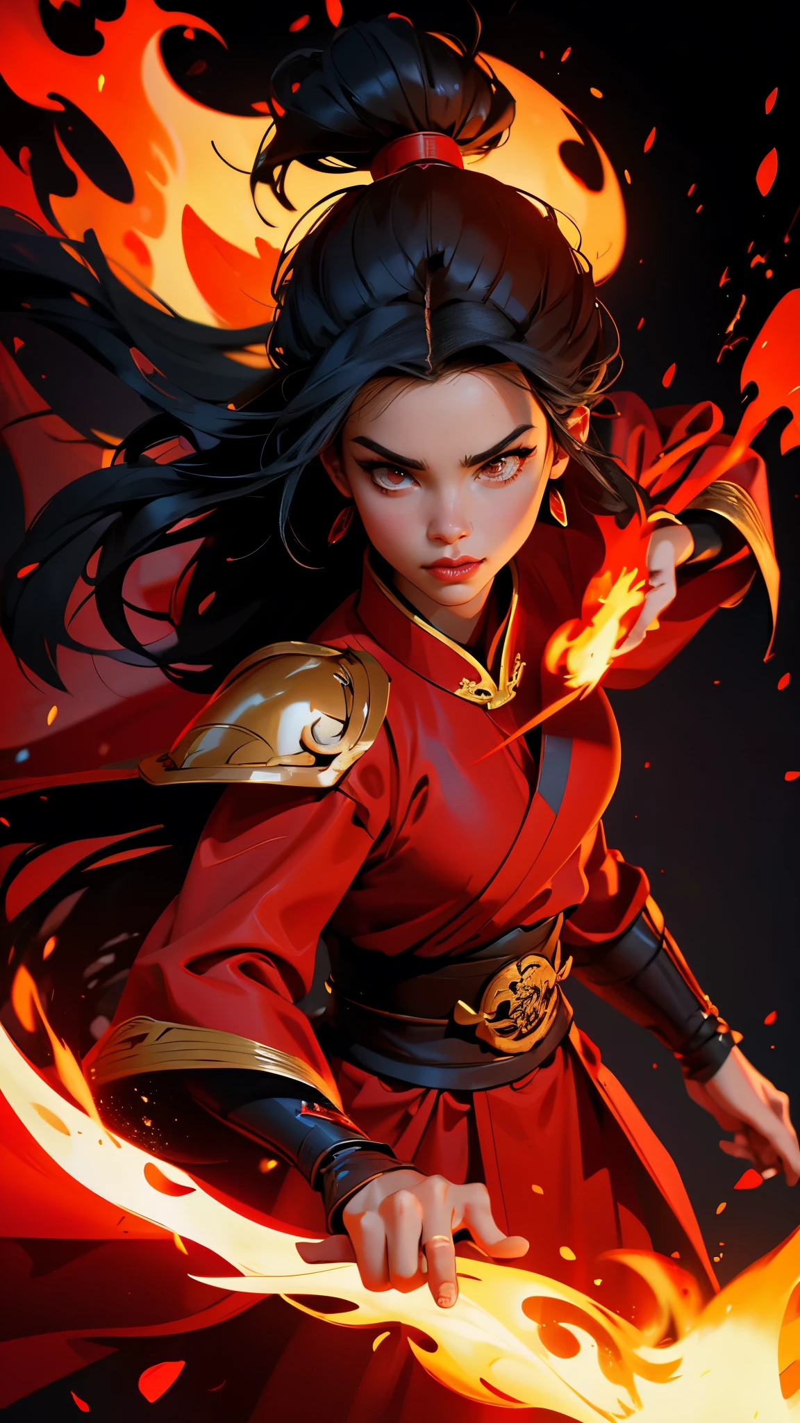 envision a 8k, highres, cinematic, full body design sheet portrait of a fierce girl named Azula with long black hair in a Chinese bun Red eyes, wearing a warrior robe with leather armor plates and fire effects against a dark background