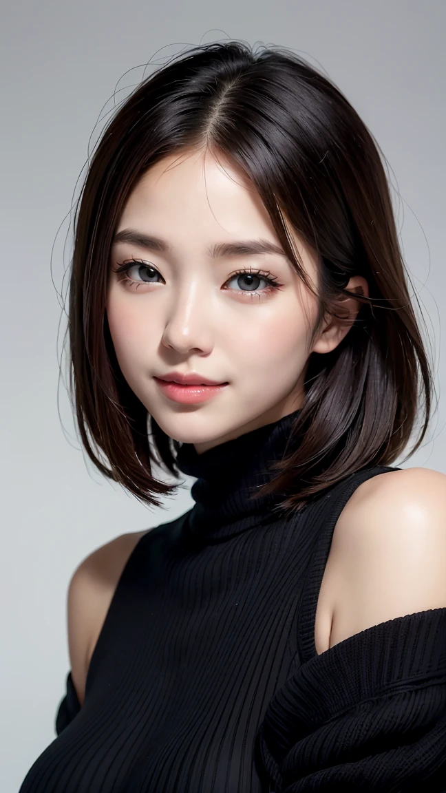 Realistic, masterpiece, highest quality, highest resolution, A portrait depicting only the upper body of a Japanese woman, A happy smile, slightly turned to the side, definitely looking at the audience, beautiful detailed eyes, black eyes, (hidden creased eyelids:1.2), thin eyebrows, Carefully draw eyelashes, natural makeup, middle hair, silver hair, detailed face, Black thick turtleneck sweater